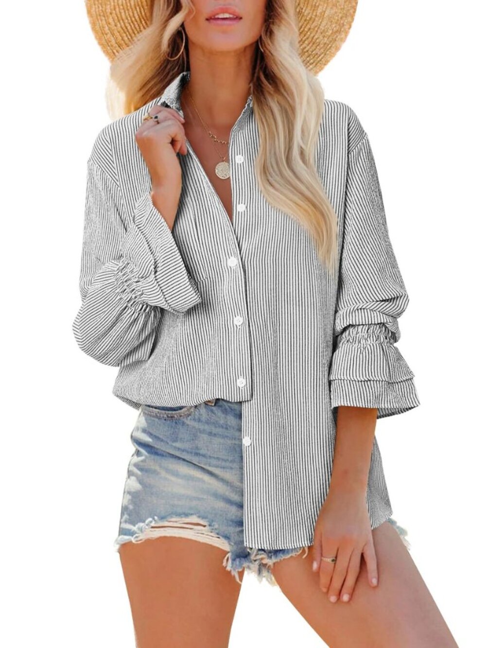 Oversized Button Down Shirts for Women Smocked Striped Long Sleeve Blouses